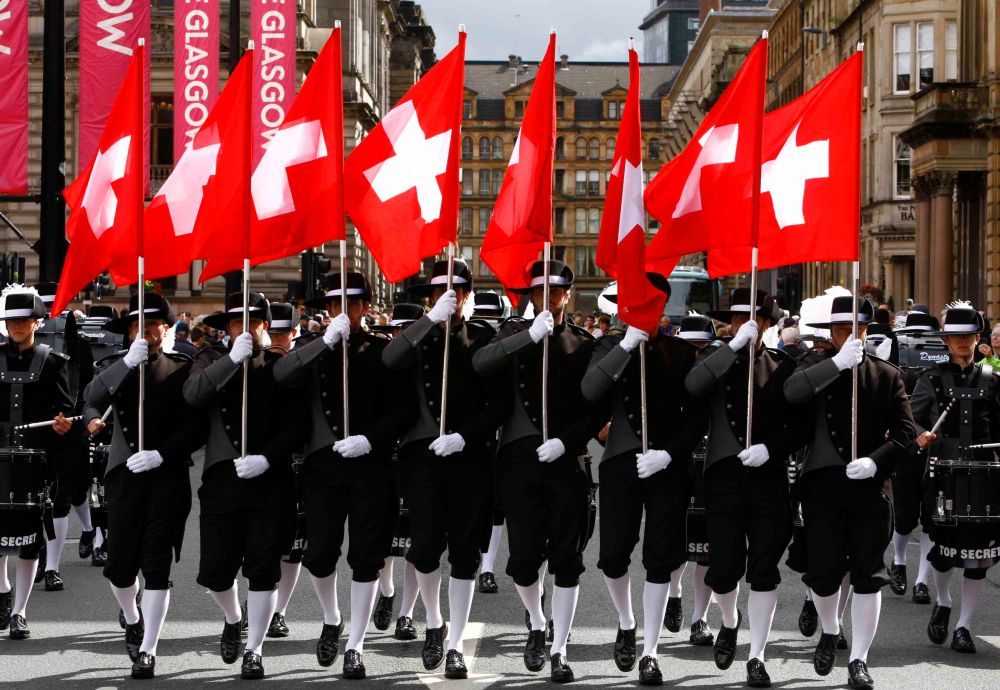 The Edinburgh Military Tattoo parade in George Square , Glasgow. Pictured Switzerland’s amazing Top Secret Drum Corps in George Square. Photograph by Martin Shields Herald & Times Ltd